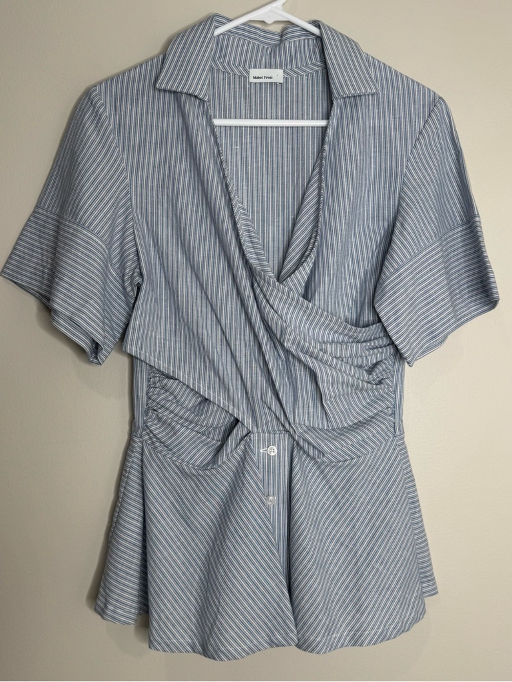 Mabel Frost White Blue Striped Wrap Cotton Collared Button Up Peplum Blouse XS